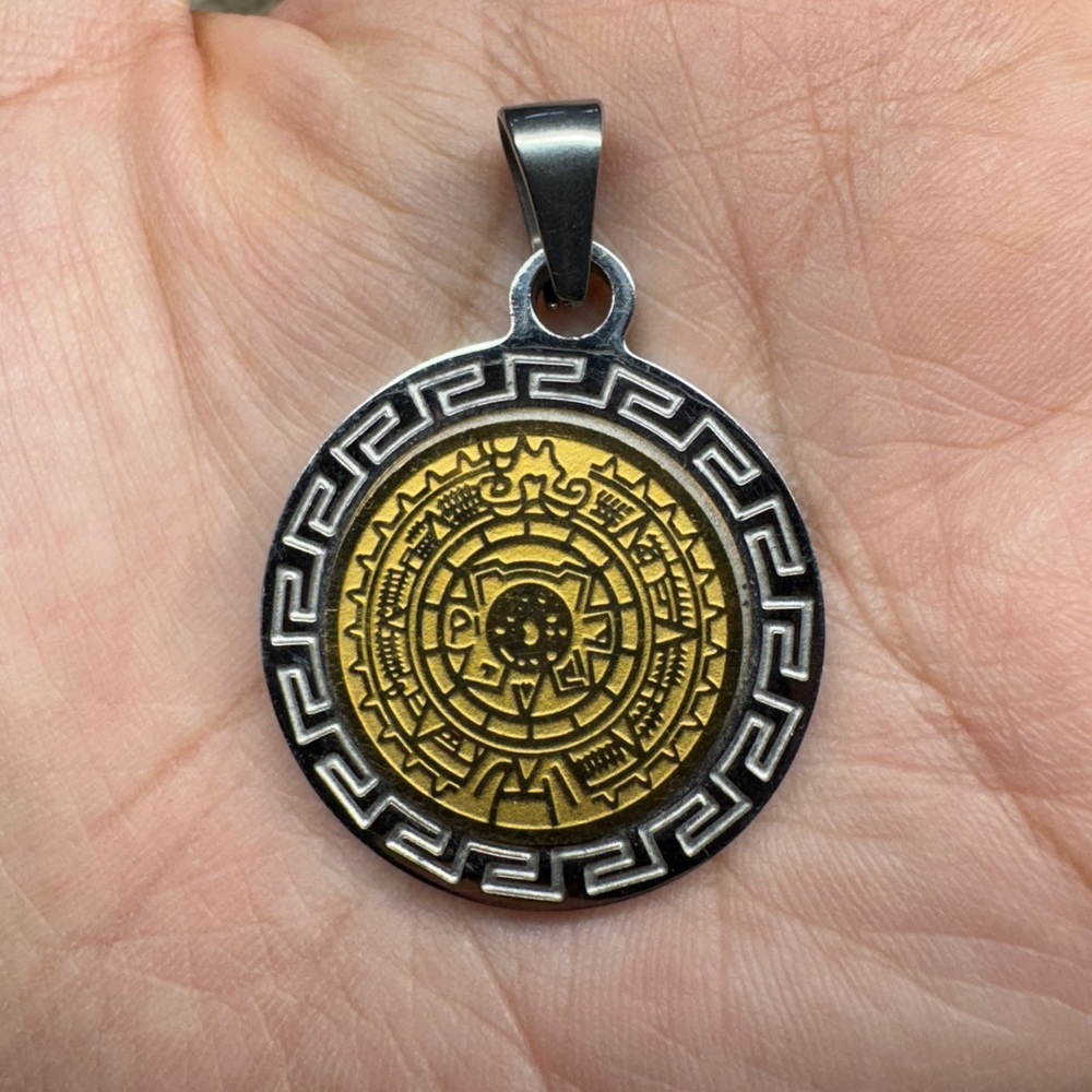 Vintage FINI Dream Jewelry  Mexican Mayan Calendar Pendant gold silver tone.
